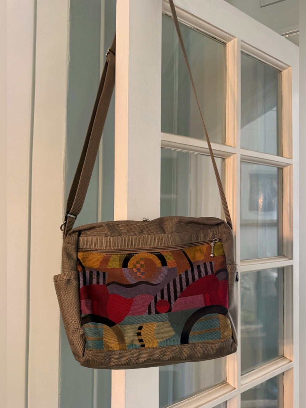 Great Bags Taupe Crossbody Bag with Multicolor Front Panel